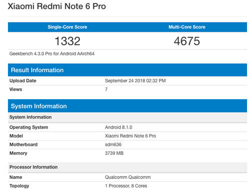 紅米Note 6 Pro現(xiàn)身跑分庫(kù) 驍龍636確認(rèn)搭載