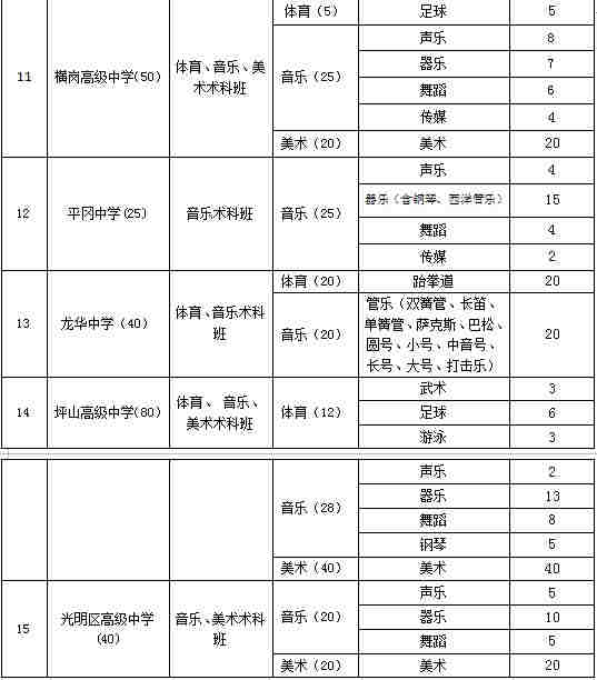 2019年深圳市公辦高中體育藝術術科特色班自主招生計劃