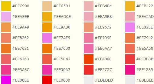 各種顏色代碼圖表大全 RGB顏色代碼對照