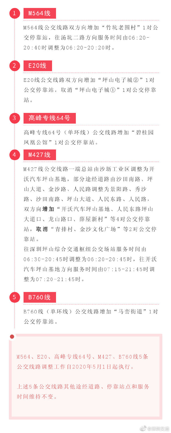 公交新聞!2020五一起坪山區(qū)5條公交線調整