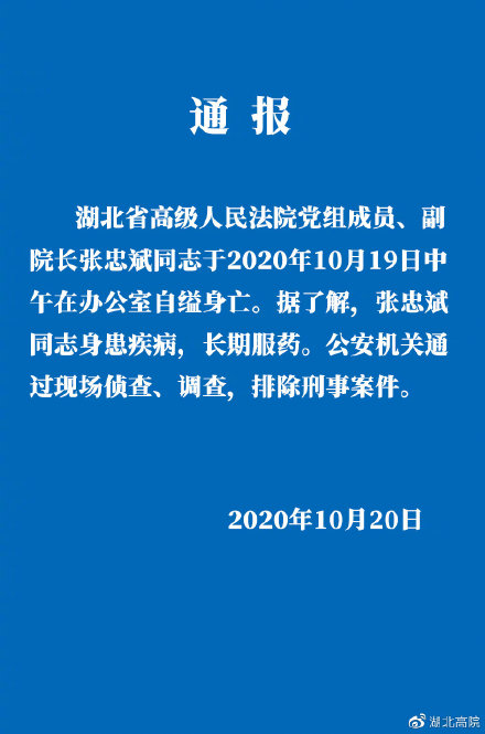 湖北高院副院長張忠斌自殺身亡 真實死因曝光