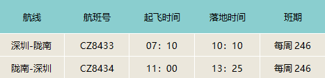 2021南航夏航季隴南至深圳航班最新計(jì)劃表