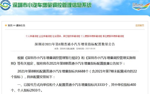 深圳2021年第8期普通小汽車增量指標(biāo)配置數(shù)量一覽