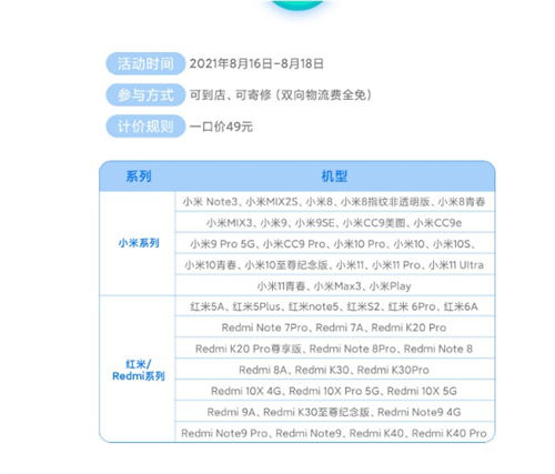 2021年8月小米手機(jī)49元換電池服務(wù)機(jī)型名單