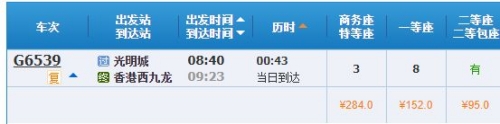 光明城站坐高鐵去香港要多久時間